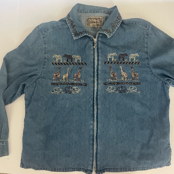 Tantrum Blues Denim Jean Jacket Embroidered Animal Print Size L Animal Kingdom - Picture 8 of 9